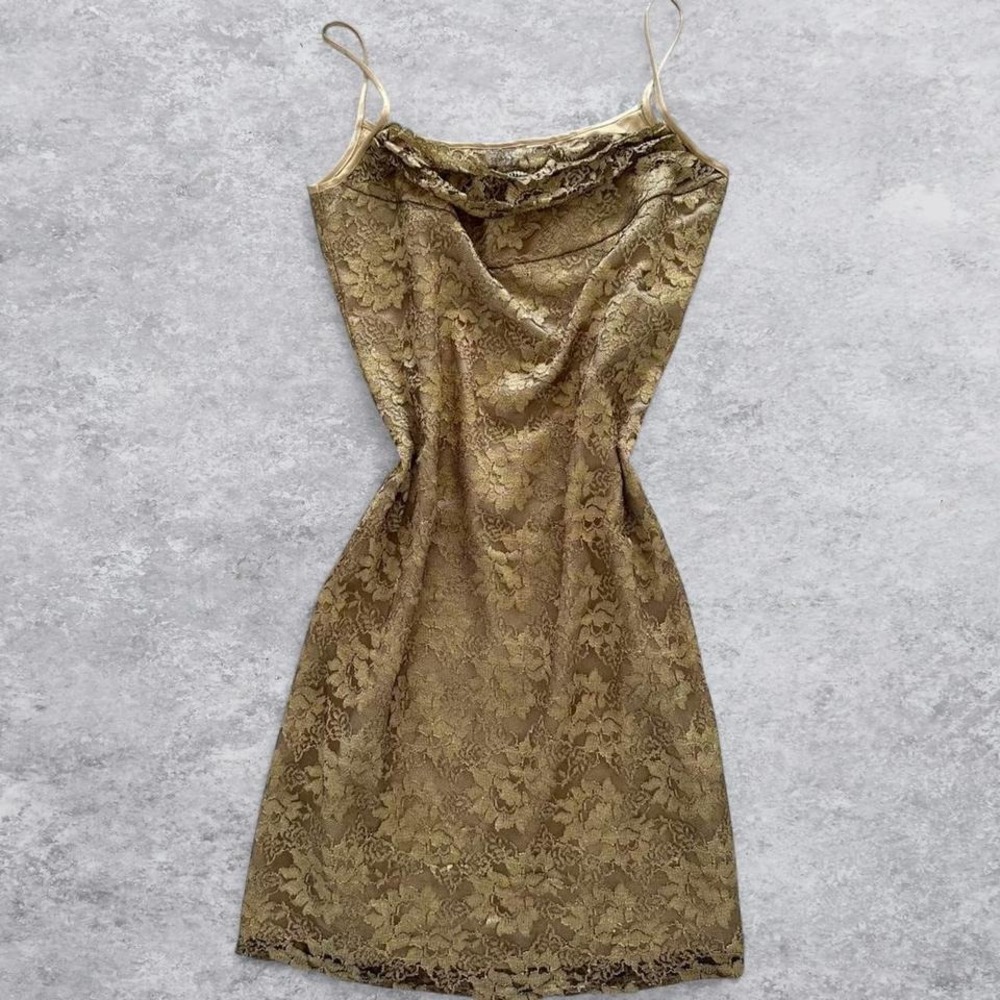 Together Gold Floral Lace Cowl Neck Mini Dress Spaghetti Strap Metallic Size 6‎